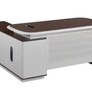 Classic Medium Size Office Table with Curved Dark Walnut Top and Elegant Zig Zag Textured White Front Panel