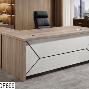 Classic Medium Size Office Table with Light Ash Wood Top and Geometric Diamond Cut Off White Front Panel