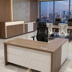 Classic Medium Size Office Table with Light Walnut Top, Modern Inverted Geometric White Front Panel, and Side Return