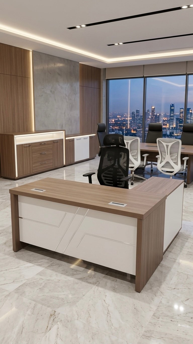 Classic Medium Size Office Table with Light Walnut Top, Modern Inverted Geometric White Front Panel, and Side Return