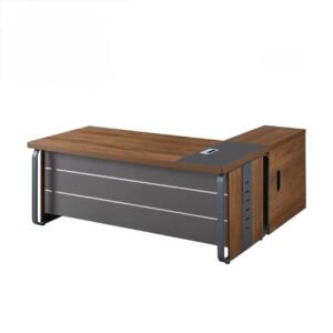 Classic Medium Size Office Table with Light Zebrawood Grain Top, Grooved White Front Panel, and Side Return