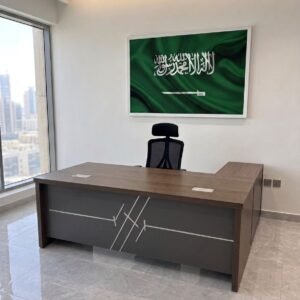 Classic Medium Size Office Table with Walnut Surface Finish, Matte Charcoal Gray Front Panel, and Silver Abstract Linear Overlays