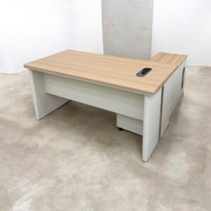 Classic Medium Size Office Table with Warm Walnut Top, Multi Line Grey Front Panel, and Sleek Curved Metal Accents