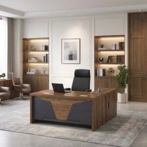Classic Medium Size Office Table with Warm Wood Grain, Chevron Quilted Dark Charcoal Accents, and Integrated Side Credenza
