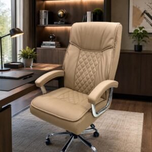 Executive Leather Round Chair – Elegant Light Beige with Diamond Stitched Backrest