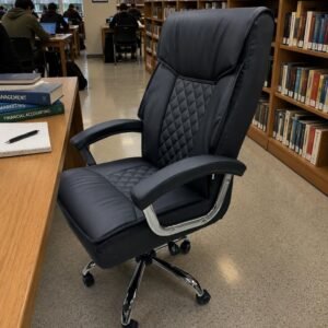 Executive Leather Round Chair – Sleek Navy Blue with Diamond Stitched Backrest