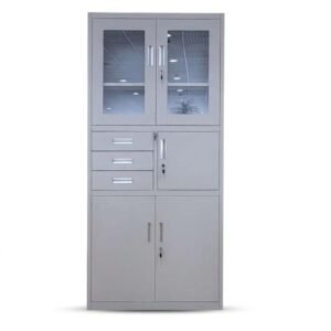 Grey Metal File Cabinet with Upper Glass Doors, 3 Side Drawers, Small Center Locker & 2 Door Lower Storage Box