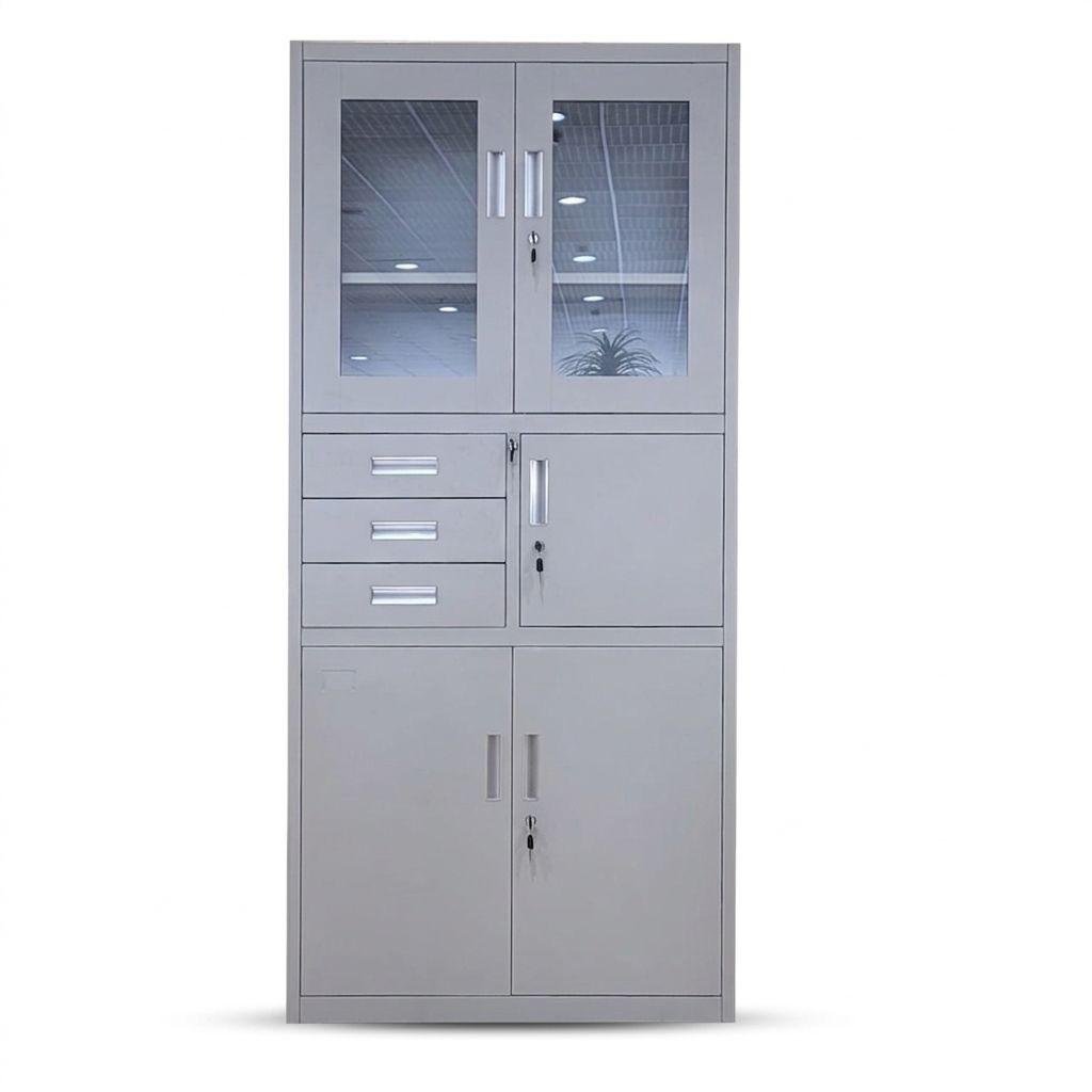 Grey Metal File Cabinet with Upper Glass Doors, 3 Side Drawers, Small Center Locker & 2 Door Lower Storage Box