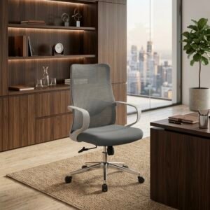 Grey Mid Back Ergonomic Swivel Mesh Chair with White Frame