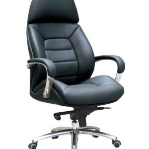 Luxurious Chinese Leather High Back Executive Chair in Black Featuring Ergonomic Segmented Cushioning, Curved Aluminum Padded Armrests, & Polished Chrome Star Base