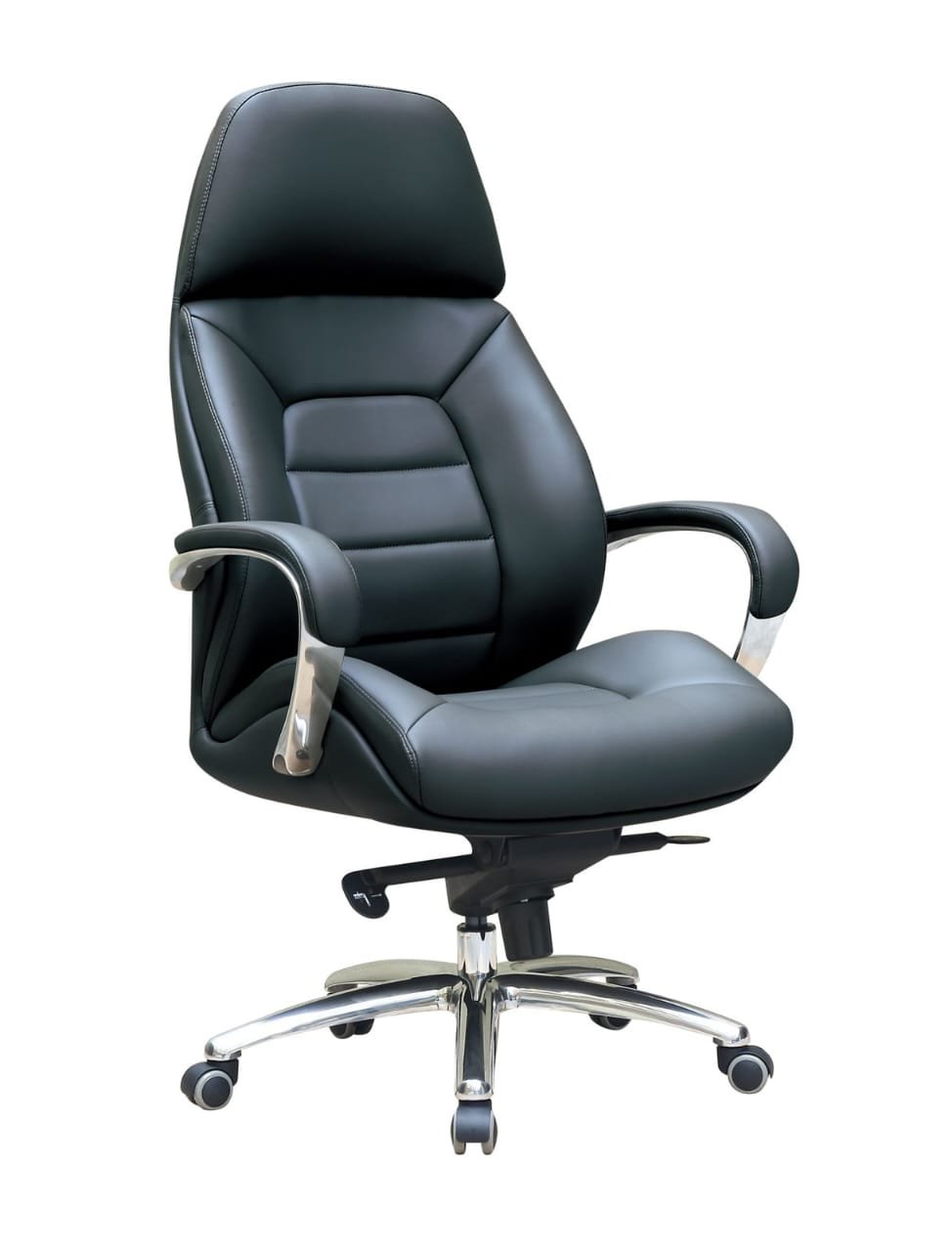 Luxurious Chinese Leather High Back Executive Chair in Black Featuring Ergonomic Segmented Cushioning, Curved Aluminum Padded Armrests, & Polished Chrome Star Base