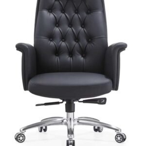 Luxurious Chinese Leather High Back Executive Chair in Black with Classic Tufted Button Backrest & Flaired Padded Armrests