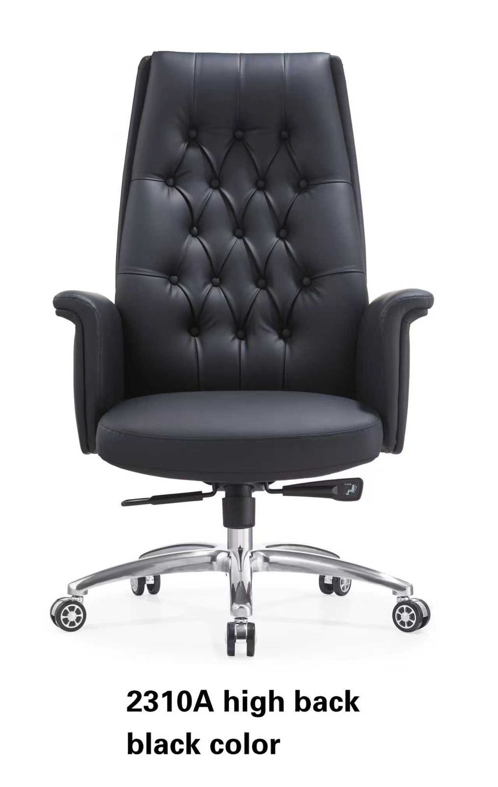 Luxurious Chinese Leather High Back Executive Chair in Black with Classic Tufted Button Backrest & Flaired Padded Armrests