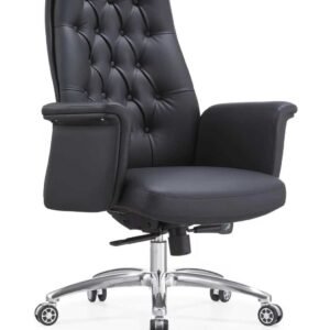 Luxurious Chinese Leather High Back Executive Chair in Black with Classic Tufted Button Backrest & Padded Armrests