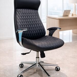 Luxurious Chinese Leather High Back Executive Chair in Black with Integrated Headrest, Diamond Quilted Detailing & Chrome Accented Arms