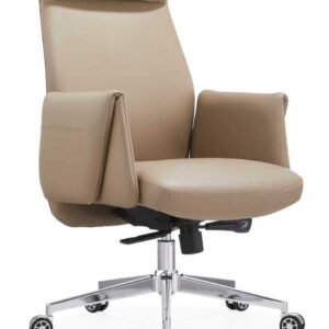 Luxurious Chinese Leather High Back Executive Chair in Khaki Beige with Ultra Plush Headrest & Sleek Wrapped Armrests