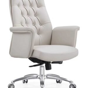 Luxurious Chinese Leather High Back Executive Chair in Off White with Classic Tufted Button Backrest & Padded Armrests