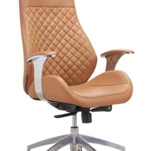 Luxurious Chinese Leather High Back Executive Chair in Tan Beige Featuring Elegant Diamond Quilted Backrest, Polished Chrome Fixed Armrests, & Sleek Aluminum Star Base