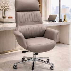 Luxurious Chinese Leather High Back Executive Chair in Taupe Grey with Extended Headrest & Ribbed Segmented Backrest
