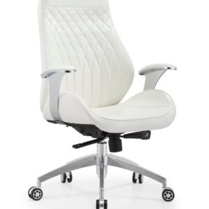 Luxurious Chinese Leather High Back Executive Chair in White Featuring Elegant Diamond Quilted Backrest, Polished Chrome Fixed Armrests, & Sleek Aluminum Star Base
