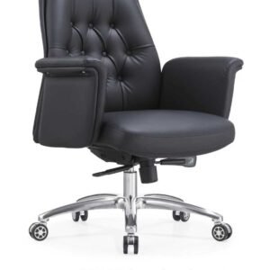 Luxurious Chinese Leather Medium Back Executive Chair in Black with Classic Tufted Button Backrest & Padded Armrests