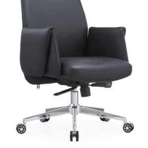 Luxurious Chinese Leather Medium Back Executive Chair in Black with Sleek Wrapped Armrests & Chrome Star Base