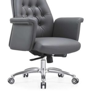 Luxurious Chinese Leather Medium Back Executive Chair in Charcoal Grey with Classic Tufted Button Backrest & Padded Armrests