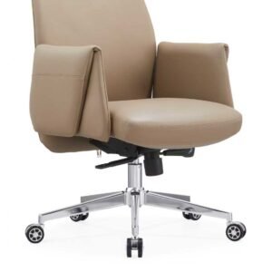 Luxurious Chinese Leather Medium Back Executive Chair in Khaki Beige with Sleek Wrapped Armrests & Chrome Star Base