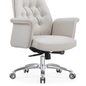 Luxurious Chinese Leather Medium Back Executive Chair in Off White with Classic Tufted Button Backrest & Padded Armrests