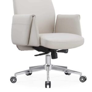 Luxurious Chinese Leather Medium Back Executive Chair in Off White with Sleek Wrapped Armrests & Chrome Star Base