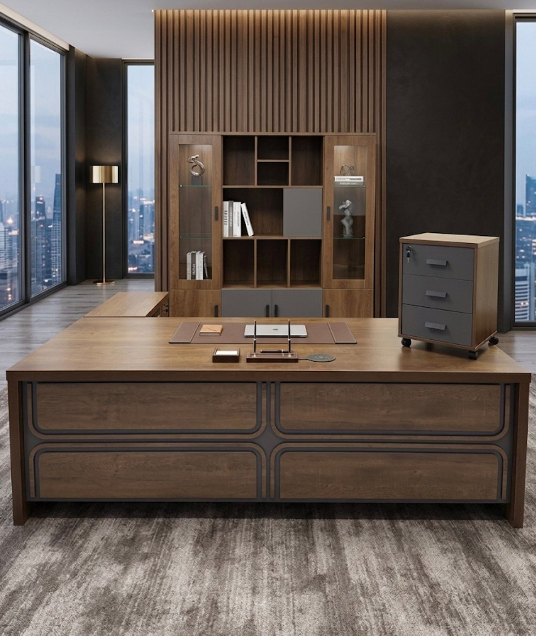 Luxurious Classic Office Set Deep Walnut & Charcoal Grey
