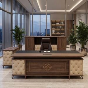 Luxurious Classic Office Set Deep Walnut & Tufted Cream