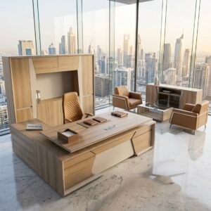 Luxurious Classic Office Set Warm Oak & Tan Leather