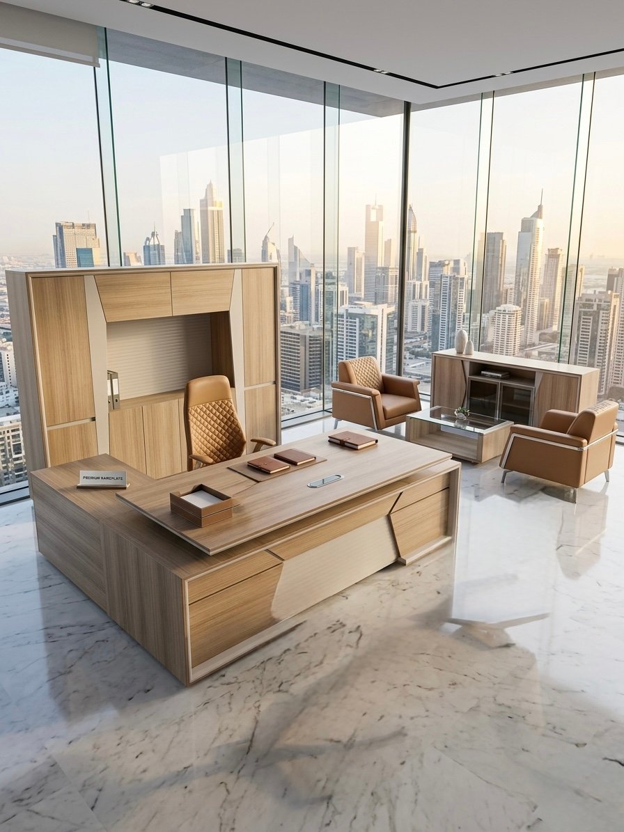 Luxurious Classic Office Set Warm Oak & Tan Leather