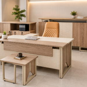 Luxurious Classic Office Set – Light Walnut Desk with Cream Accents, Fluted Front Panels & Tan Diamond Stitched Leather Chair