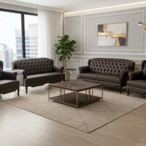 Luxurious Leather Sofas – Local Models Classic Wingback Chesterfield 3+2+1+1 Sofa Set in Deep Espresso Brown Leather Finish with Elegant Curved Wooden Legs