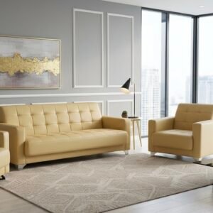 Luxurious Leather Sofas – Local Models Contemporary Light Beige Square Tufted Leatherette Sofa Set with Sleek Metallic Legs