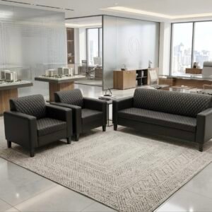 Luxurious Leather Sofas – Local Models Executive Office Lounge Charcoal Black Sofa Set with Diamond Quilted Backrest Panels and Sleek Block Legs