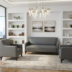Luxurious Leather Sofas – Local Models Minimalist Office Lounge 3+1+1 Set in Dark Gray Textured Leatherette with Traditional Turned Wooden Feet