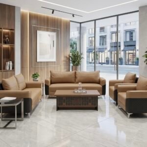 Luxurious Leather Sofas – Local Models Modern Dual Tone Tan and Black Leatherette Sofa Set with Quilted Side Accents and Chrome Legs