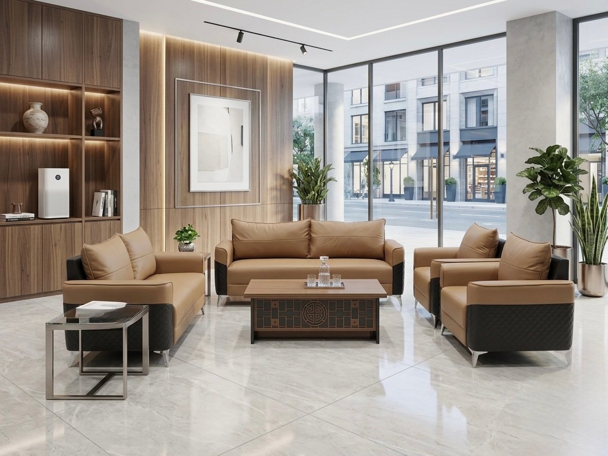 Luxurious Leather Sofas – Local Models Modern Dual Tone Tan and Black Leatherette Sofa Set with Quilted Side Accents and Chrome Legs