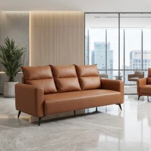 Luxurious Leather Sofas – Local Models Modern Ergonomic Tan Brown Leather Sofa Set featuring Multi Tier Pillow Back Support and Slim Black Legs