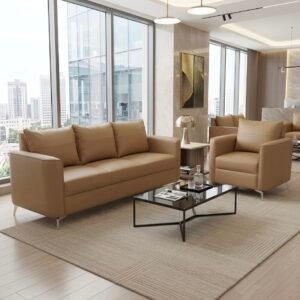 Luxurious Leather Sofas – Local Models Modern Executive Lounge Light Tan Beige Leatherette Sofa Set with Plush Multi Tier Backrest and Slim Chrome Legs
