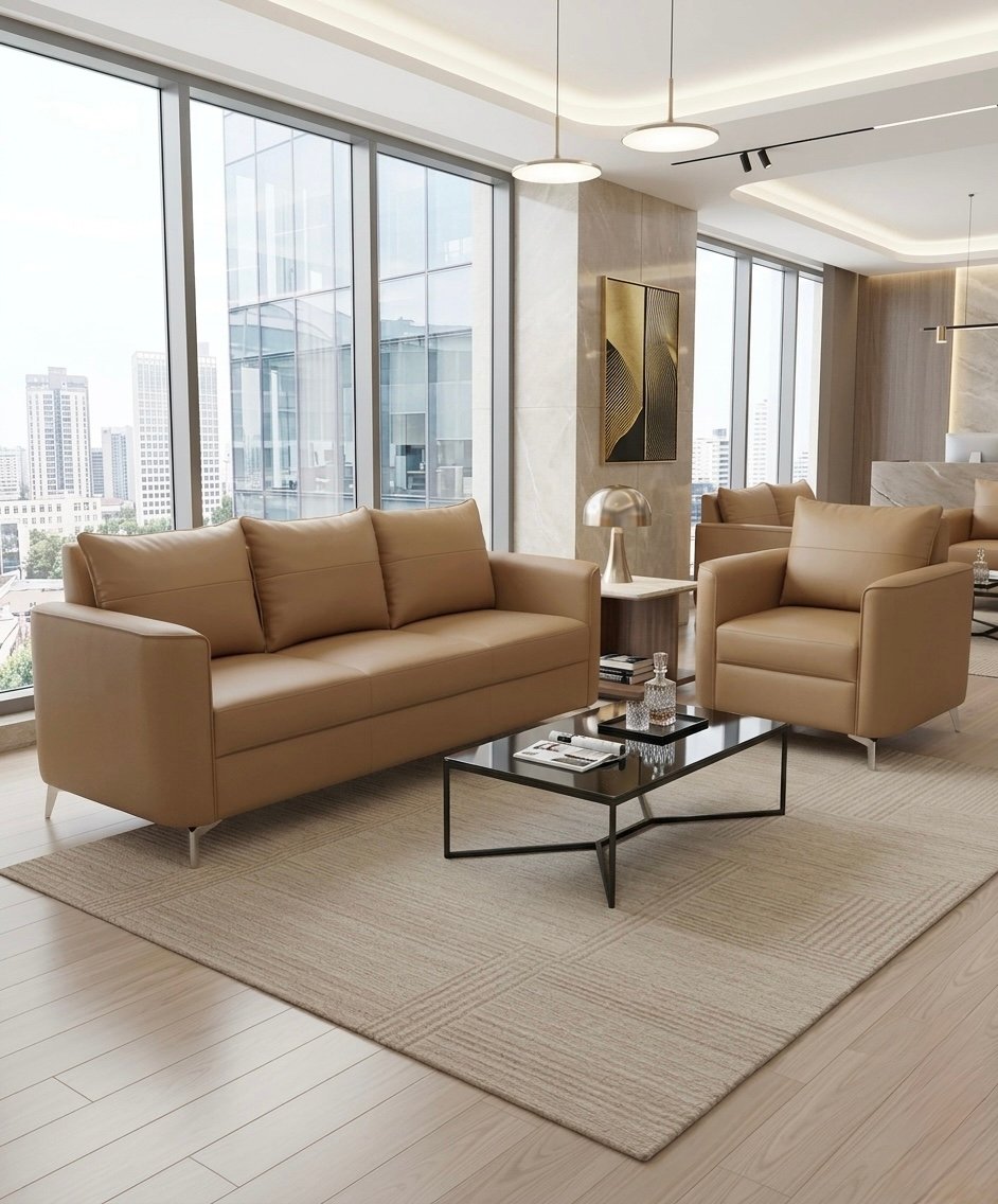 Luxurious Leather Sofas – Local Models Modern Executive Lounge Light Tan Beige Leatherette Sofa Set with Plush Multi Tier Backrest and Slim Chrome Legs
