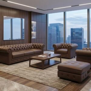Luxurious Leather Sofas – Local Models Premium Chesterfield 3+1+1 Sofa Set with Deep Tufted Brown Faux Leather and Matching Footrest Ottoman