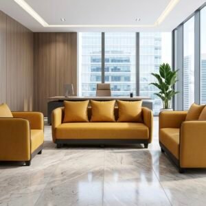 Luxurious Leather Sofas – Local Models Premium Mustard Yellow Leatherette Sofa Set with Contrast Piping Details and Comfort Back Cushions