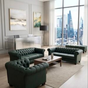 Luxurious Leather Sofas – Local Models Regal Emerald Green Chesterfield Leatherette Lounge Set with Deep Button Tufting and Matching Bench Ottoman