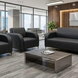 Luxurious Leather Sofas – Local Models Sleek Executive Reception Sofa Set in Premium Matte Black Leather Finish with Tapered Legs