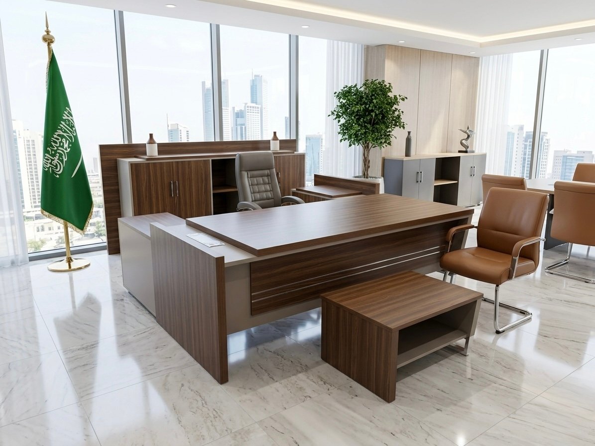 Luxurious Modern Office Set Classic Teak & Tan Accent