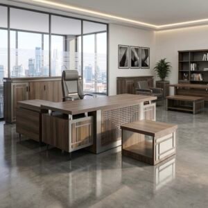 Luxurious Modern Office Set Dark Wood & Metallic Silver